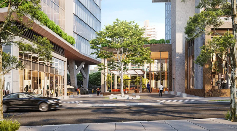 Perspectiva artística da fachada ativa do JK Square, no Itaim: projeto do escritório americano KPF prevê espaços de 2,6 mil metros quadrados para 12 lojas no térreo do complexo multiúso SDI/DIVULGAÇÃO.
